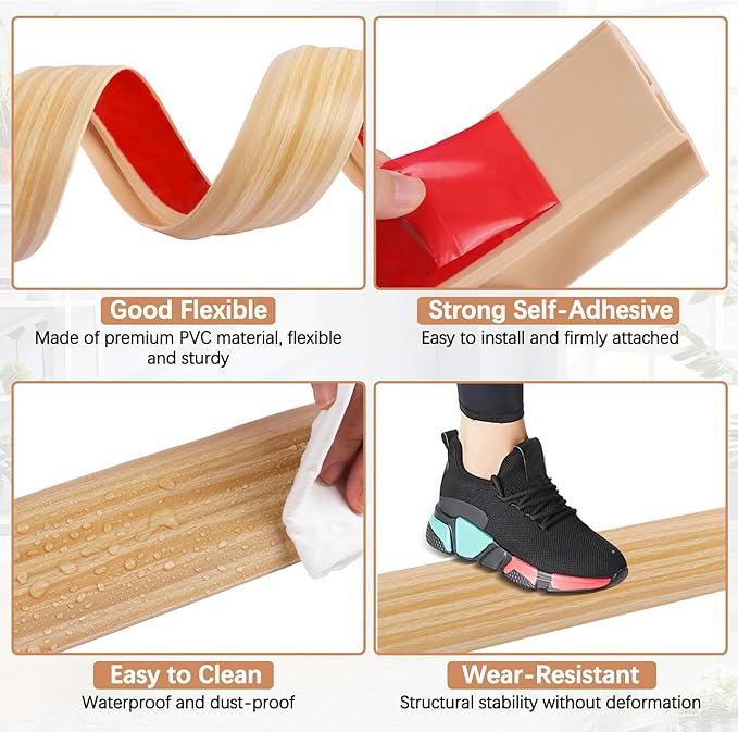 Vinyl Door Threshold Flooring Transition Strip Self Adhesive Carpet Edging Strip for Laminate Doorway Edge Threshold from 2/5" to 3/5" (Light Yellow Wood Grain, 10 Ft)