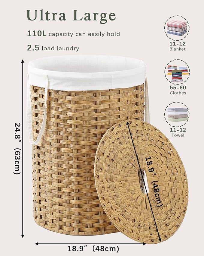 Laundry Basket with Lid Round Rattan Laundry Hamper with Lid and Handles 29.1 Gal (110 L) Handwoven Woven Basket with Removable Bags and 2 Mesh Bags for Bathroom Living Room Natural