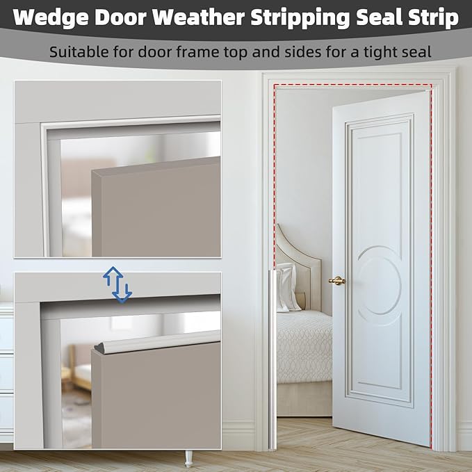 118" Wedge Weather Stripping Door Seal Strip for Door Frame & Window,Self Adhesive Window Insulation Draft Stopper Seal for Winter,Gray Foam Door Gap Filler for Soundproofing Light Blocker,White