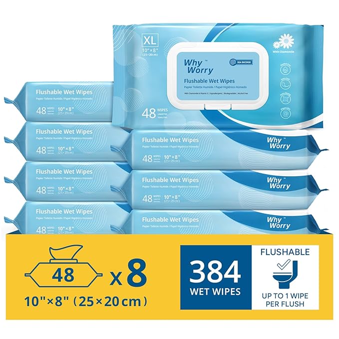 WhyWorry Flushable Wipes for Adults, Extra Large 8"x10" Butt Wipes for Personal Hygiene & Cleansing, Chamomile and Vitamin E, 100% Plant-Based, Septic & Sewer Safe, Sea Incense, 384 Count (8 Packs)