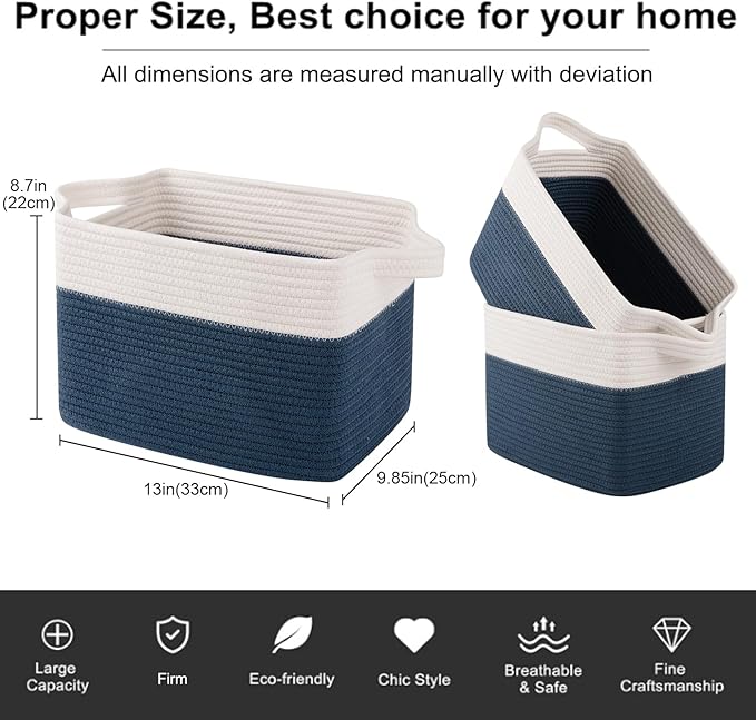 OIAHOMY Storage Baskets - Woven Cotton Rope Baskets for Shelves, Toy Towel Organizer Bins, Pack of 3, Blue & White