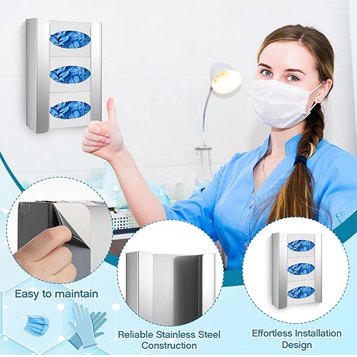Blulu 4 Pack Glove Box Holder/Dispenser Stainless Steel Triple Wall Mounted Glove Box Organizer, 9.84" H x 14.96" W x 3.74" D