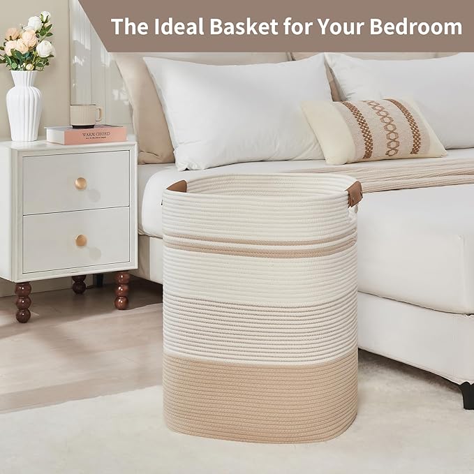 Laundry Basket with Handles - Blanket Basket & Hampers for Bedroom Aesthetic, Laundry Hamper & Blanket Storage for Living Room, Clothes Hamper, Tall, Large 17" x 14" x 22”, Off-white