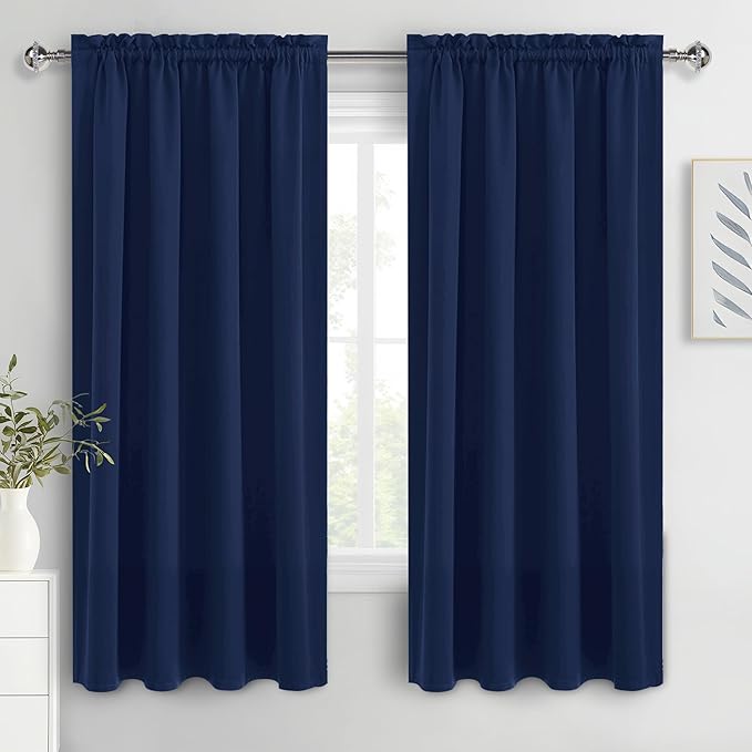 DWCN Navy Blue Blackout Curtains for Bedroom 63 Inches Long 2 Panels Set Window Drapes Thermal Insulated Room Darkening Rod Pocket Curtains for Kids Boys Room (W42 x L63 Inch, Navy Blue)