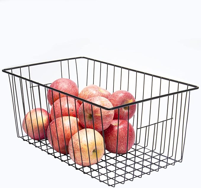 16" L x 12" W Wider Freezer Storage Organizer Baskets Container, Deep Metal Wire Chest Upright Refrigerator Divider Bins with Built-in Handles for Cabinet, Pantry, Kitchen, Black