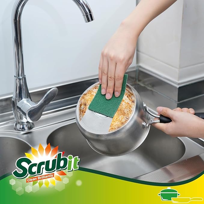 SCRUBIT Scouring Pad - Heavy Duty Scrub Pads for Cleaning Dishes - Non-Scratch Reusable Scrubbing - Green (100)
