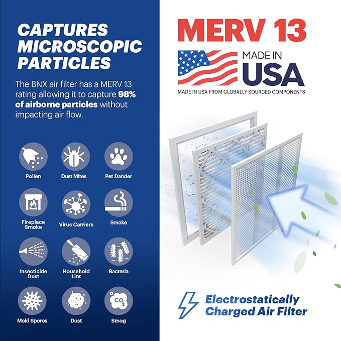 BNX TruFilter 16x20x1 Air Filter MERV 13 (6-Pack) - MADE IN USA - Electrostatic Pleated Air Conditioner HVAC AC Furnace Filters for Allergies, Pollen, Mold, Bacteria, Smoke, Allergen, MPR 1900 FPR 10