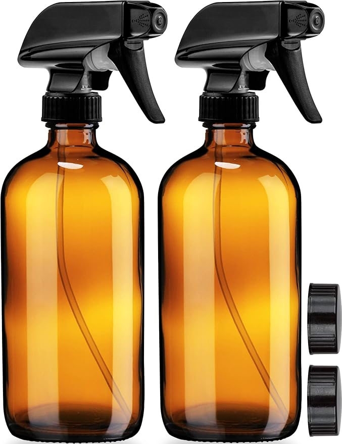 Sally's Organics Empty Amber Glass Spray Bottles - 2 Pack - Large 16oz Refillable Bottle for is Great for Essential Oils, Plants, Cleaning Solutions, Hair - Durable Nozzle - Fine Mist/Stream Setting