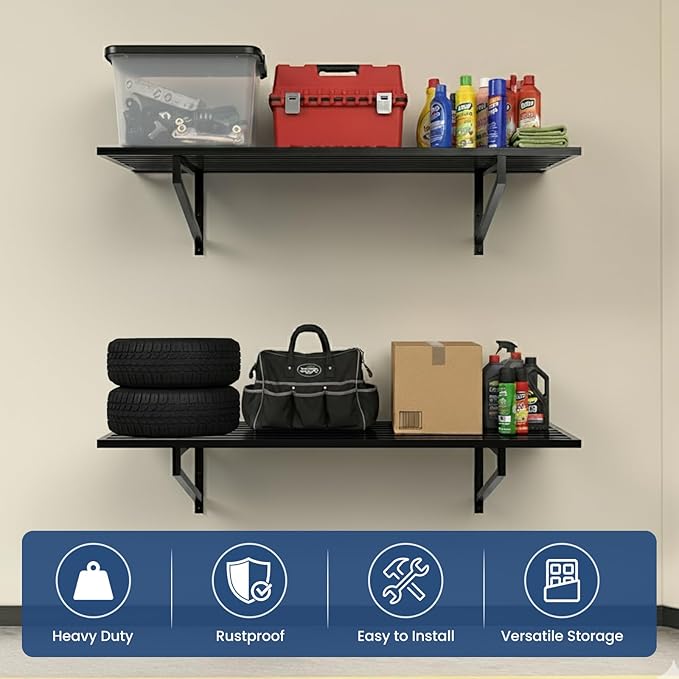 3-Pack Garage Wall Shelves, 2' x 4' Heavy Duty Wall Mounted Storage Rack with 9 Hooks, 750 lbs Capacity (250 lbs Each), Steel Garage Organization Shelving for Tools, Bins, and Power Equipment