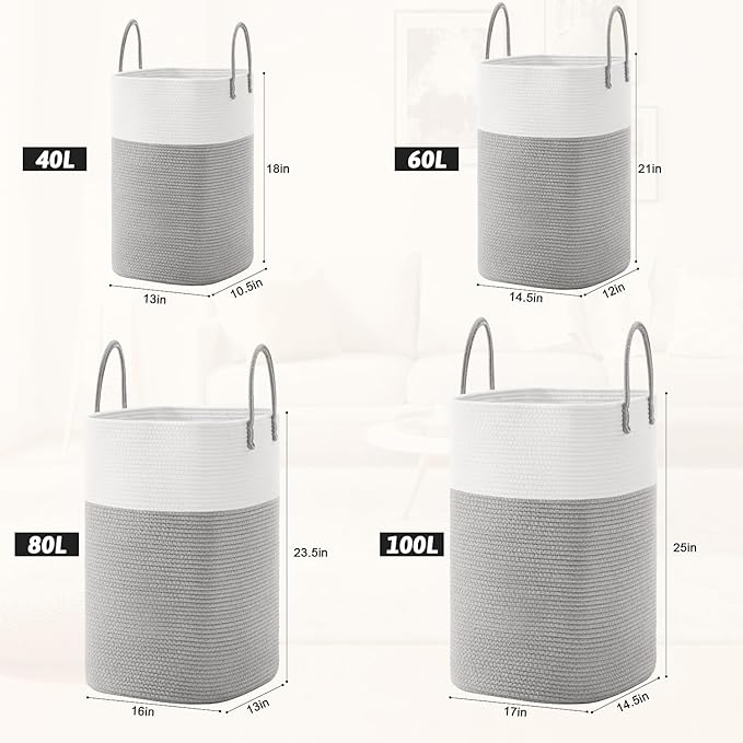 Laundry Basket,Woven Cotton Rope Laundry Hamper,Versatile Storage for Dirty Clothes,Baby Toys,and Blankets in Bathroom, Nursery,and Living Room (Grey, 40L)