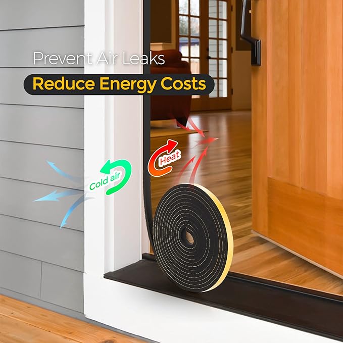 33 Feet Weather Stripping Door Seal, 1" Wide X 1/8" Thick Door Seal Strip High Density Foam Tape Adhesive Strip for Door Soundproofing,Window Insulation (1" x 1/8" x 33FT,Black)