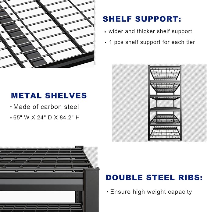 65" W Garage Shelving Heavy Duty, 6 Tier Garage Shelves, Adjustable Storage Shelving Unit, Commercial Metal Shelf for Warehouse, Pantry, School, Shop, 2 Pack