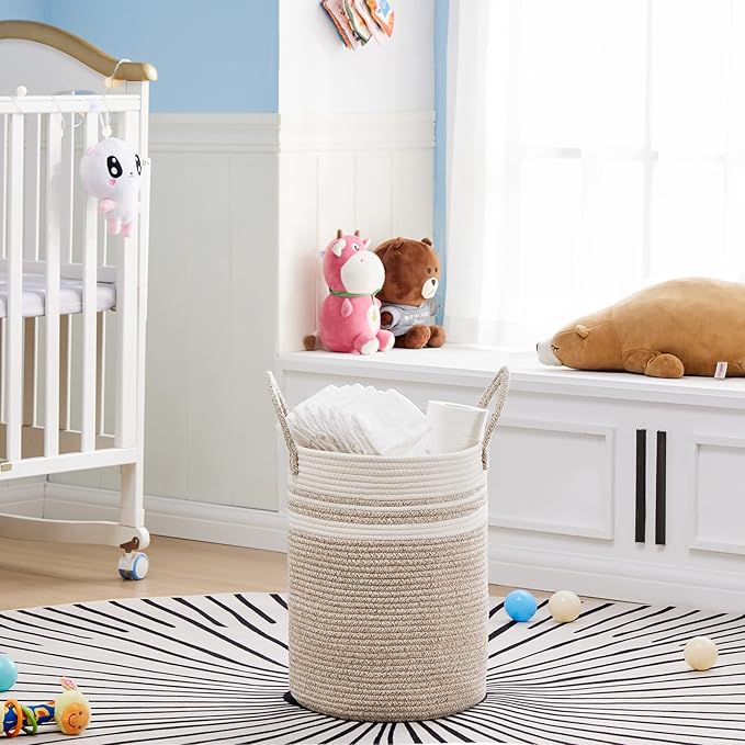 VIPOSCO Tall Laundry Hamper, Woven Rope Storage Basket for Blanket, Toys, Dirty Clothes in Living Room, Bathroom, Bedroom - 30L Brown & White