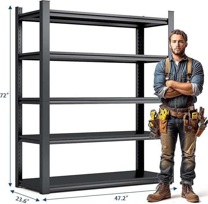 72" H Garage Shelving, Metal Storage Shelves, Adjustable 5 Tier Storage Rack, Heavy Duty Shelving, Industrial Utility Shelf for Garage, Warehouse, Bedroom, Kitchen, 24" D×48" W×72" H, Black