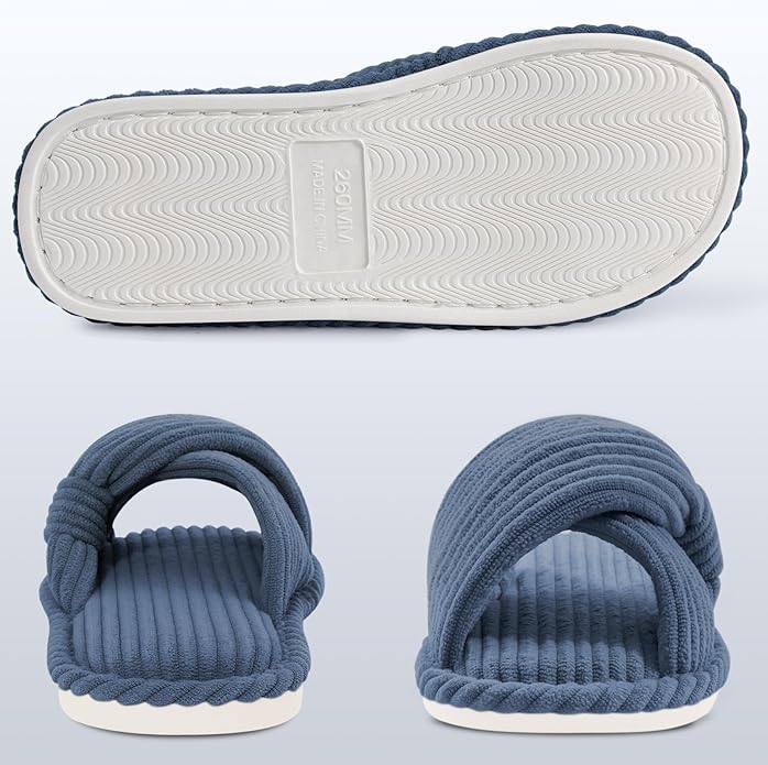 Evshine Summer House Slippers for Women Corduroy Cross Bow Indoor Slippers Open Toe Slip On Bedroom Shoes with Memory Foam