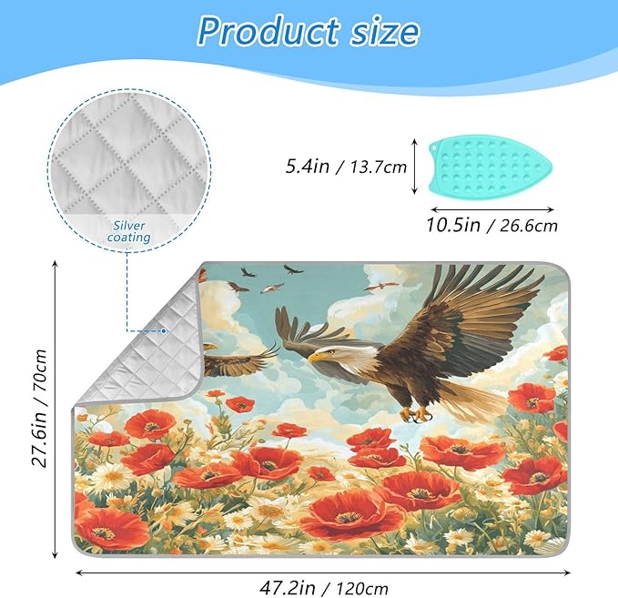 Vivid Poppy Wildflowers and Eagles Ironing Mat Thickened Ironing Blanket Travel Portable Double-Side Using Ironing Pad Travel Isolate Heat Pad Cover for Washer Dryer Table Top Countertop 27.6x4