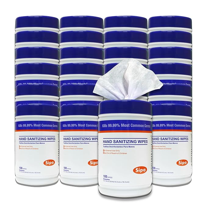 SIPA Hand Sanitizing Wipes 100 WIPES/CANISTER, Soft Textured Wipes, Fresh Scented, (24 CANISTERS)