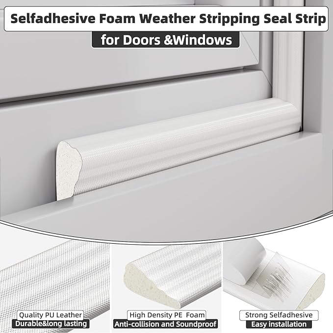 9.8 Ft Weather Stripping Seal Strip for Doors/Windows,Soundproofing Window Insulation Draft Stopper for Winter, Selfadhesive Foam Weather Strip for Door Frame,Door Gap Filler Noise Blocker(White)