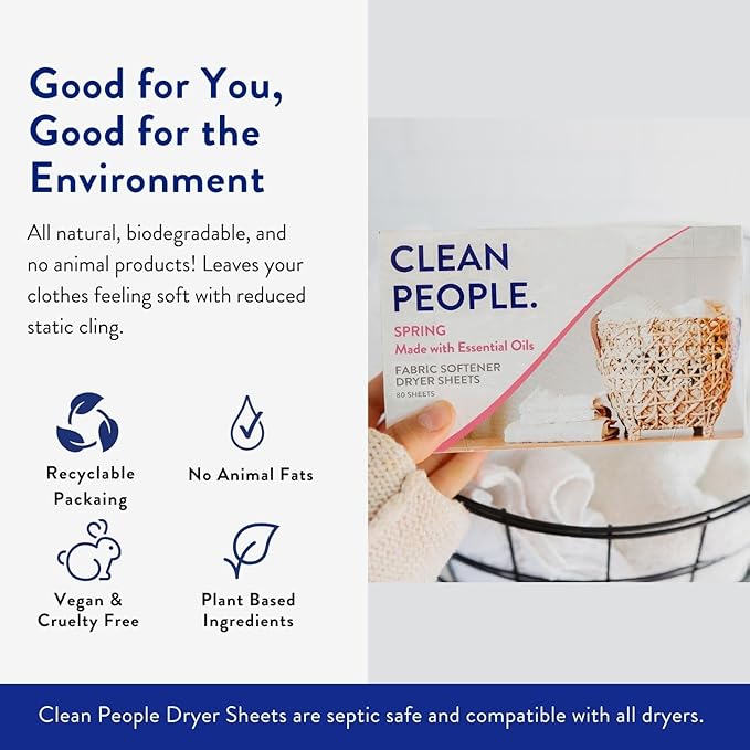 The Clean People Fabric Softener Dryer Sheets - Softens & Removes Static Cling - Vegan - Made with Essential Oils - Spring Scent, 120 Sheets