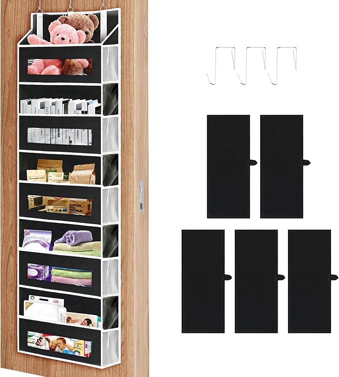 5-Tier Over The Door Storage Organizer with 10 Side Mesh Pockets, 48 lbs Load Capacity, 3 Hooks Design, Door Hanging Organizer with Clear Windows for Bathroom, Bedroom, Nursery, Kitchen-Black