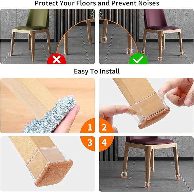 Ezprotekt 24 Pcs XL Square Clear Chair Leg Floor Protectors, Silicone Felt Furniture Pads Caps for Hardwood Floor, Dining Table Bar Stool Leg Protectors Leg Cups Covers (XL Fit: 1.5"-2")