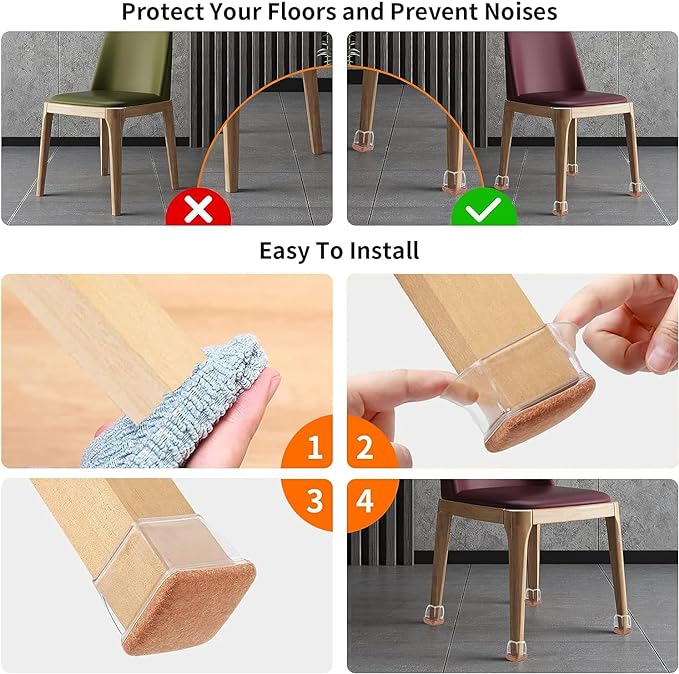 Ezprotekt 24 Pcs Clear Square Chair Leg Floor Protectors with Felt, Silicone Felt Furniture Pads for Hardwood Floor, Dining Table Leg Caps Covers No Scratches and Noise (L Fit: 1" - 1.4")