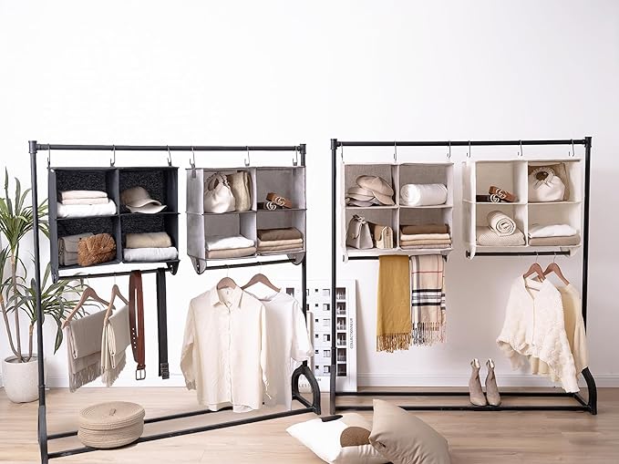 StorageWorks Hanging Closet Organizer with Metal Rod, 4-Section Closet Organizers and Storage, Collapsible Hanging Shelves for Baby Clothes, Shoes, Sweater Storage, Brown and Beige