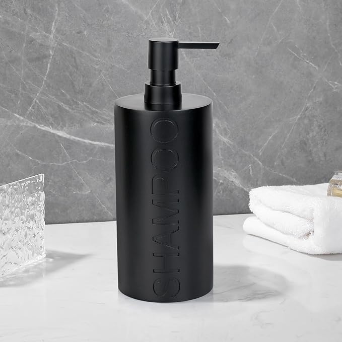 Matte Black Shampoo Dispenser Modern Refillable Pump Bottle with Embossed Text, Durable Resin Construction for Bathroom and Kitchen
