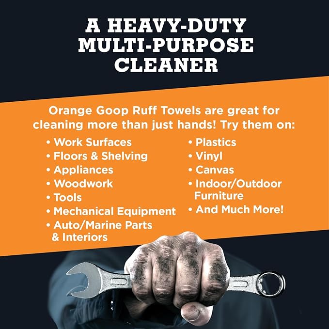 GOOP Orange Heavy Duty Ruff Towels with Scrubbing Power, 10” x 12” Dual Textured Multi-Purpose Cleaning Wipes, Removes Dirt, Grease, Oil, 72 Count (Pack of 2)