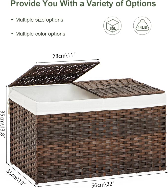 Storage Basket with Lid Rattan Woven Storage Baskets with 2 Separate Lids, 17.2 Gallon (65 L), 22 x 13 x 13.8 Inches,Foldable, 2 Removable Liner Bags Handles for Bedroom, Laundry Room Brown