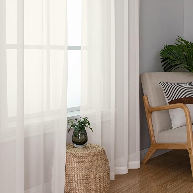 Chyhomenyc Sheer Ivory Curtains 90 inches Long 2 Panels, Light Filtering Soft Airy Solid Elegant Voile Window Treatment Drapes for Bedroom Living Room Wedding Party Decor, 42 Wx90 L Inches