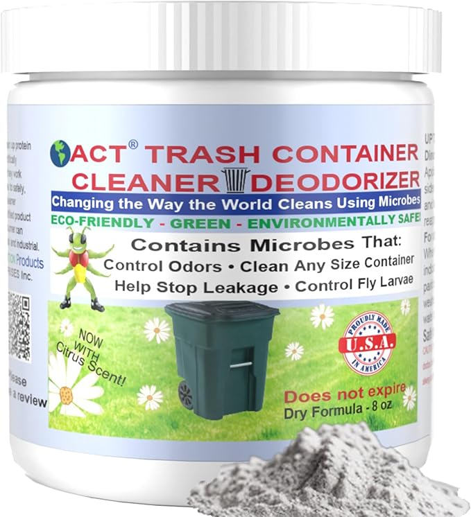 ACT Trash Deodorizer and Cleaner | Eliminates Odors Controls Garbage Sludge | for Garage and Outdoor Bins | Dry Powder Eco-Friendly (8oz)