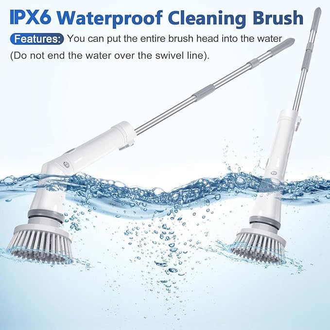Qimedo Handheld Spin Scrubber with Extended Long Handle, Rechargeable Electric Scrubber for Cleaning, Cordless Power Dish Scrubber with 6 Brushes for Bathtub Grout Tile Floor