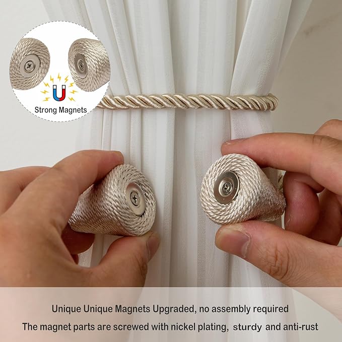 Magnetic Curtain Tiebacks 8 Pack Outdoor Rope Curtain Tie Backs Decorative Window Treatment Holdbacks for Home Decorative Curtain, Beige