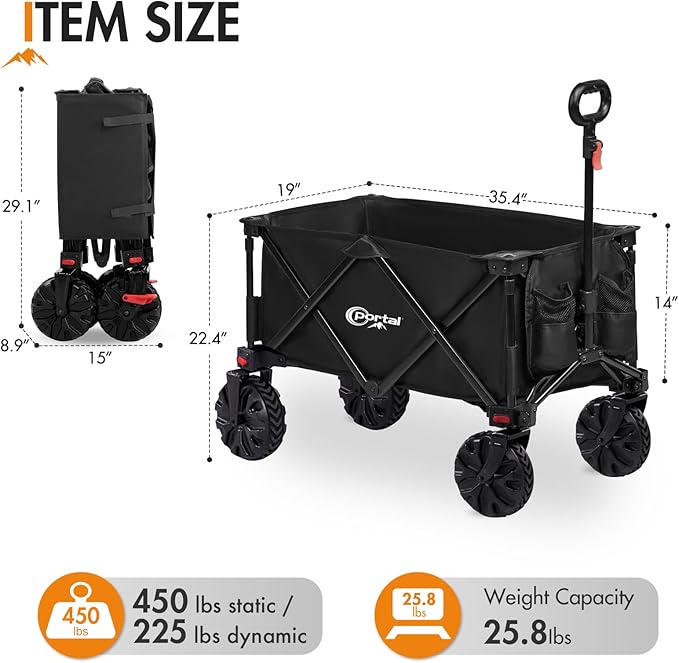 PORTAL Collapsible Folding Utility Beach Wagon Carts Heavy Duty with All Terrain Wheels for Outdoor, Camping, Garden, Shopping, Groceries, Foldable, Large Capacity, Portable, Black