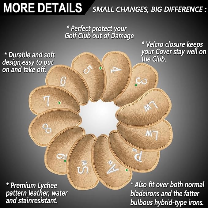 FINGER TEN Premium Synthetic Leather Stylish Iron & Wedge Golf Head Covers Value 12 Piece Set, Embroidered Labels & Fits Most Clubs Gift Set, Travel Protection Accessories