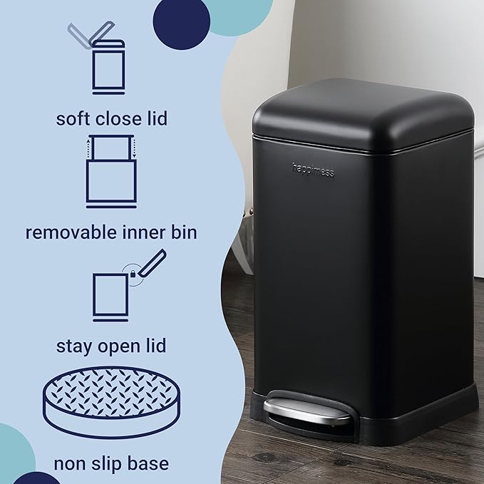 happimess HPM1012B Betty Retro Mini 3.2-Gallon Step-Open Trash Can with Soft-Close Lid, Modern, Minimalistic, Fingerprint Proof for Home, Kitchen, Laundry Room, Office, Bedroom, Bathroom, Black