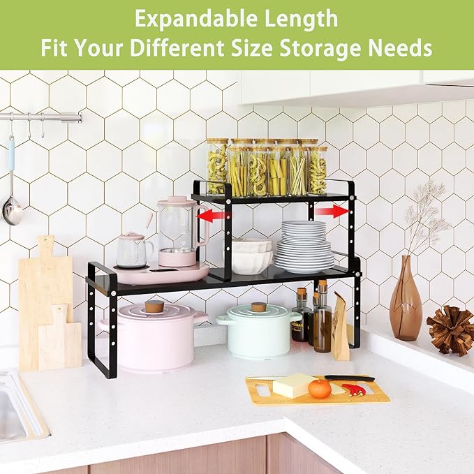 Expandable Cabinet Shelf Organizer Rack, Stackable Kitchen Counter Storage Shelves Stand, Adjustable Height Pantry Shelf Spice Rack (Black, 1 Pack)