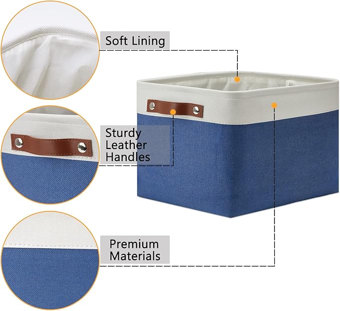 DULLEMELO Fabric Storage Basket for Closets,15x11x9.5 inch Foldable Storage Basket Bin with Handles for Office, Closet,Bedroom (White&Blue,1 Pack)