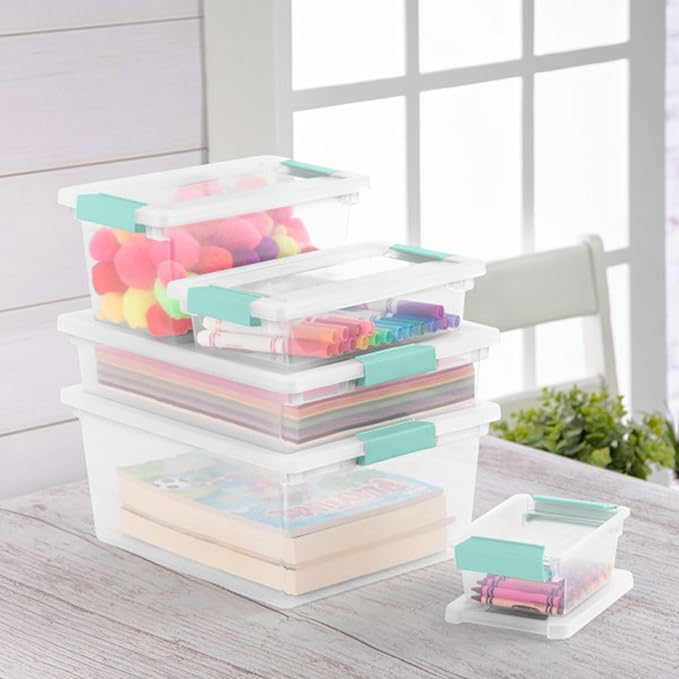 Sterilite 12-Pack Clip Box, Stackable Clear Plastic Bins with Latching Lids, Deep - Writing, Arts or Crafts Supplies Storage Containers for Home, Office, Classroom and Workshop Organization