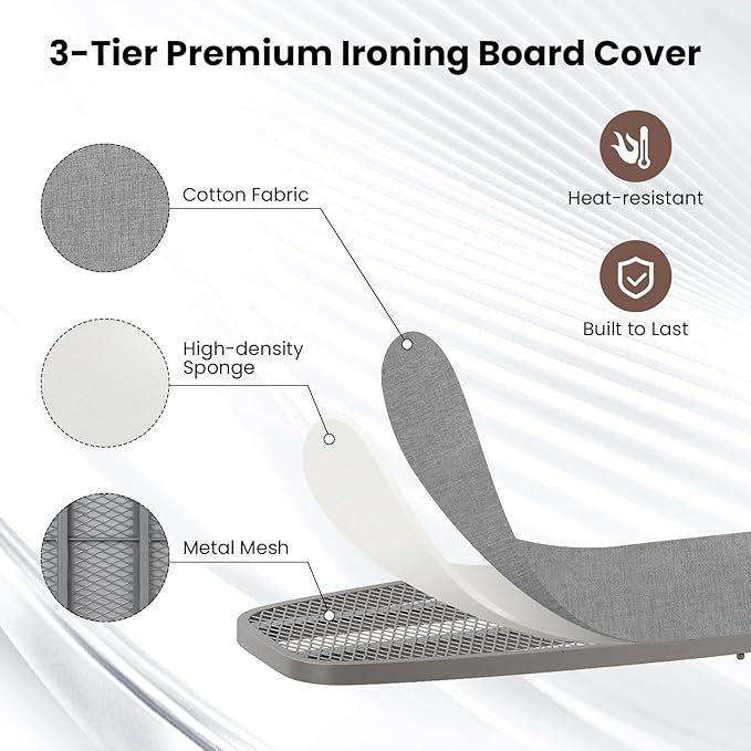 COSTWAY Over The Door Ironing Board, Space-Saving Metal Hanging Ironing Board with Iron Holder & Cotton Cover, Compact Fold Down Iron Stand for Home, Apartment, Laundry Room, Dorm, Gray