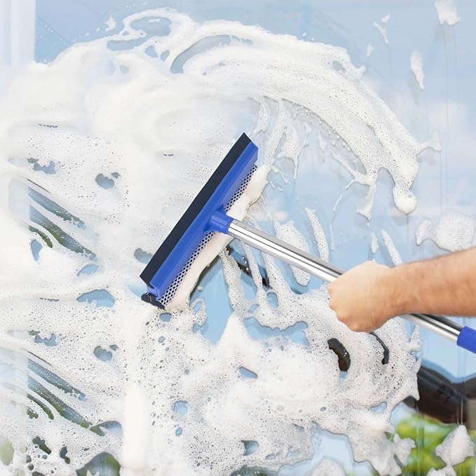 Window Squeegee for Home, 56'' Long Handle Shower Door Cleaner Tool, 2-in-1 Glass Scrubber for Car Windshield Cleaning
