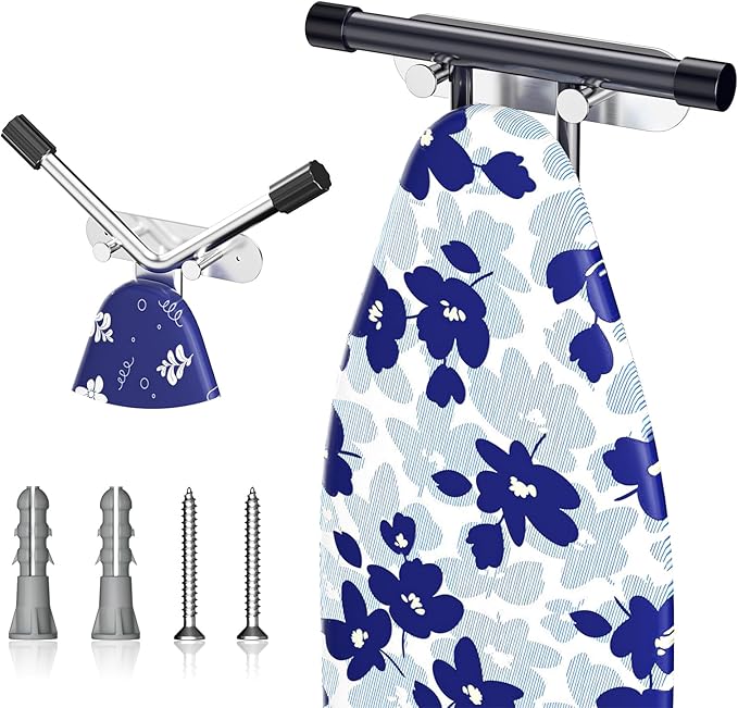 Ironing Board Holder Wall Mount,Ironing Board Hanger with Removable Hooks, Laundry Rooms Stainless Steel Ironing Boards Hook for Wall for Y or T Leg