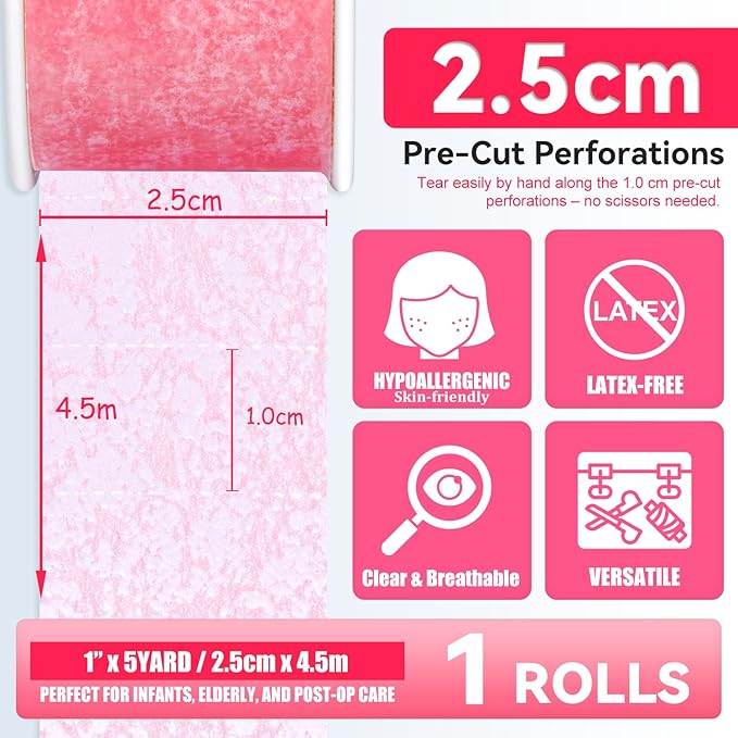 FRESINIDER Silicone Tape 1" x 5 Yard Pink 4 Rolls for Sensitive Skin, Pre-Cut Waterproof Medical Tape, Gentle Adhesive for Wound Care, Surgical Sites, Infants and Elderly