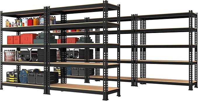 PrimeZone Storage Shelves 5 Packs 5 Tier Adjustable Garage Storage Shelving, Heavy Duty Metal Storage Utility Rack Shelf Unit for Warehouse Pantry Closet Kitchen, 28" x 12" x 59", Black