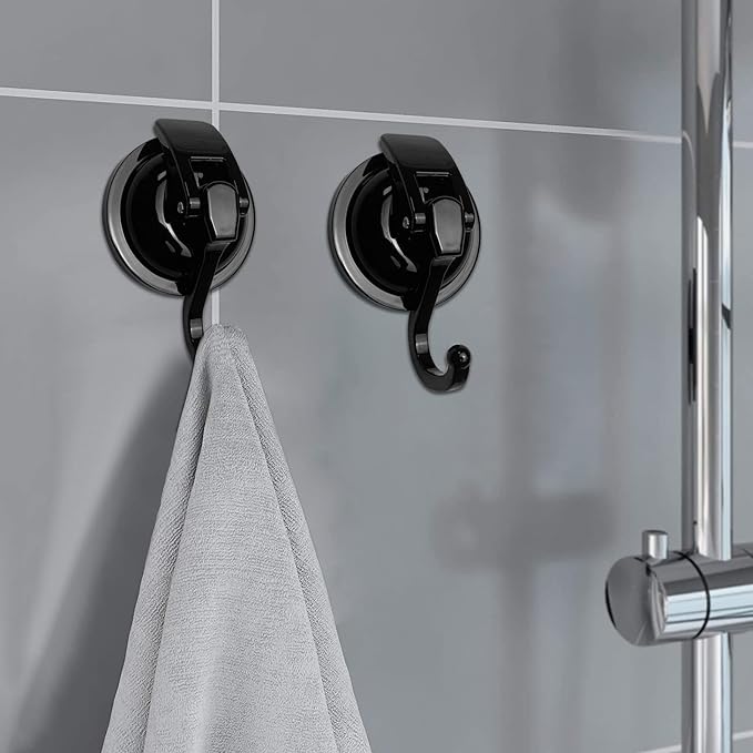 Heavy Duty Vacuum Suction Shower Hooks - Glass Suction Cup Bathroom Robe Hooks, Reusable, No Hole Punched, for Garland Decoration (Black, 6 Pack)