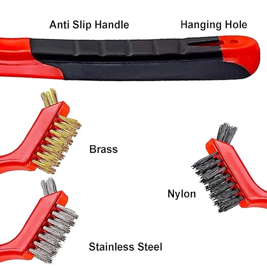 6Pcs Mini Wire Brush Set, Stainless Steel/Brass/Nylon Bristles Wire Brushes, Curved Handle Soft Grip for Rust, Dirt & Paint Scrubbing with Deep Cleaning – 7 Inches (Red)