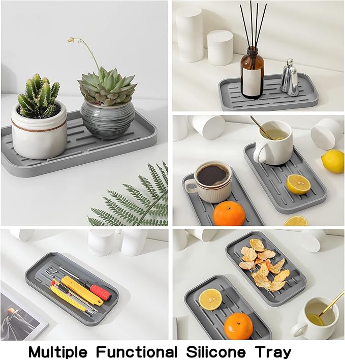 Silicone Kitchen Sink Organizer Tray for Multiple Usage,Eco-Friendly Sponges Holder for Kitchen Bathroom Counter or Sink,Dish Soap Dispenser,Scrubber,Bottle,Cup (Grey, 10"×5.3")