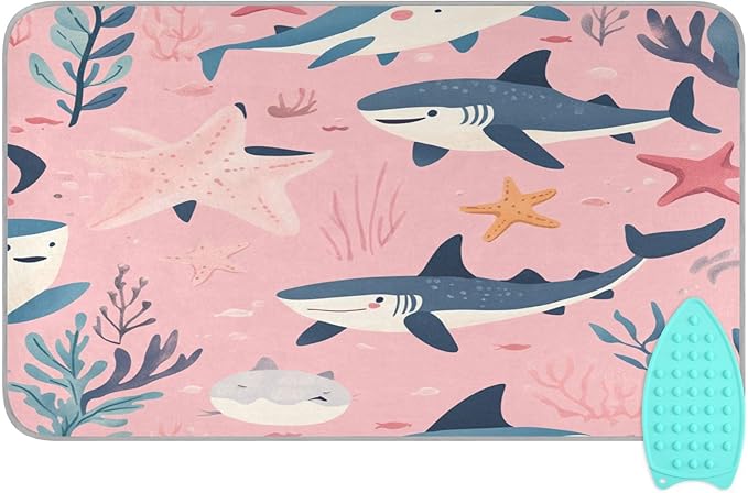 Pink Sharks Starfish and Seaweeds Ironing Mat Thickened Ironing Blanket Travel Portable Double-Side Using Ironing Pad Travel Isolate Heat Pad Cover for Washer Dryer Table Top Countertop 27.6x47