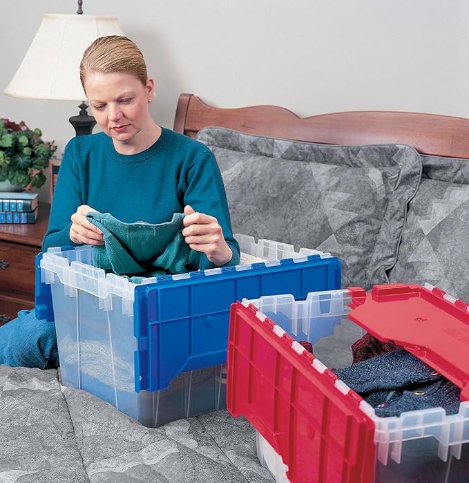 Akro-Mils KeepBox 12 Gallon Storage Container, Nesting and Stackable Plastic Storage Box with Lid Attached, Clear Tote for Garages, Closets, Moving, 21-1/2" x 15" x 12-1/2", Clear/Blue, Pallet of 48